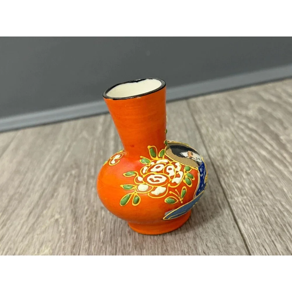 Vintage Japanese Moriage Bud Vase Geisha Girl Hand Painted Orange Miniature